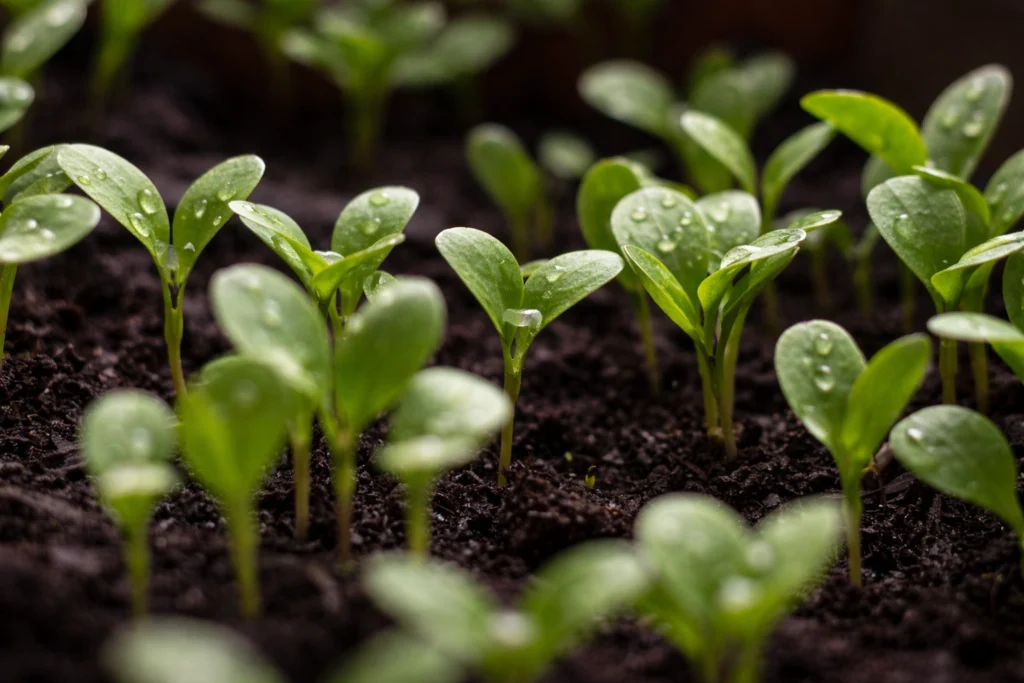 Seeds growing in soil after planting seeds