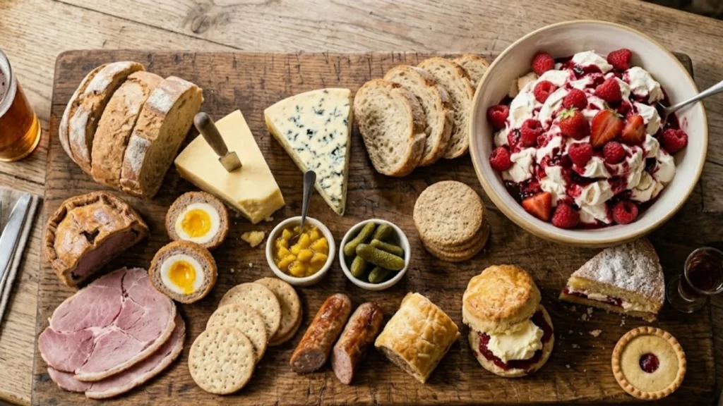 a lot of British food compiled together on a chopping board buy from farmers direct.