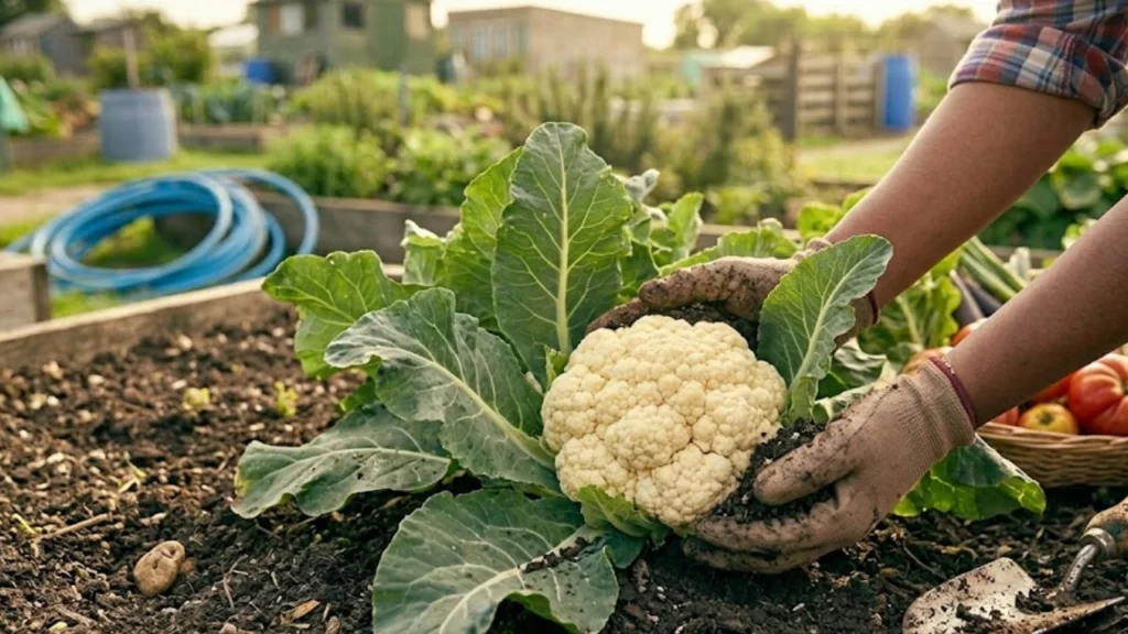 a woman holding freshly grown cauliflower.