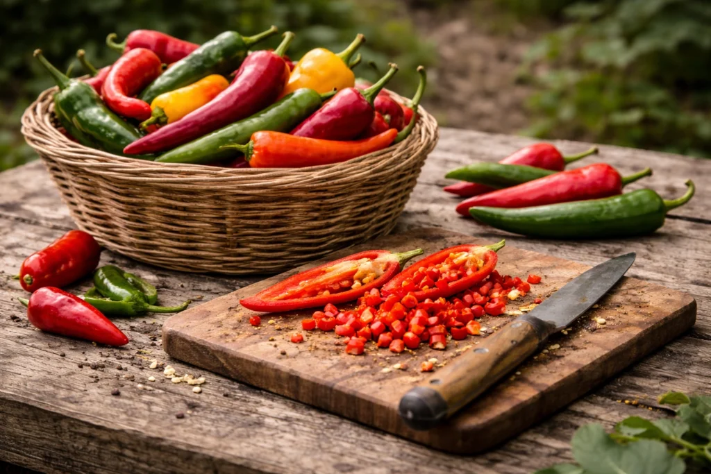 a range of chillis chopped and picked for harvest.