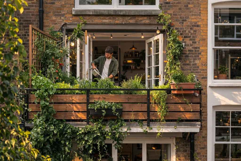 A man sorting his growing vegetables on his balcony