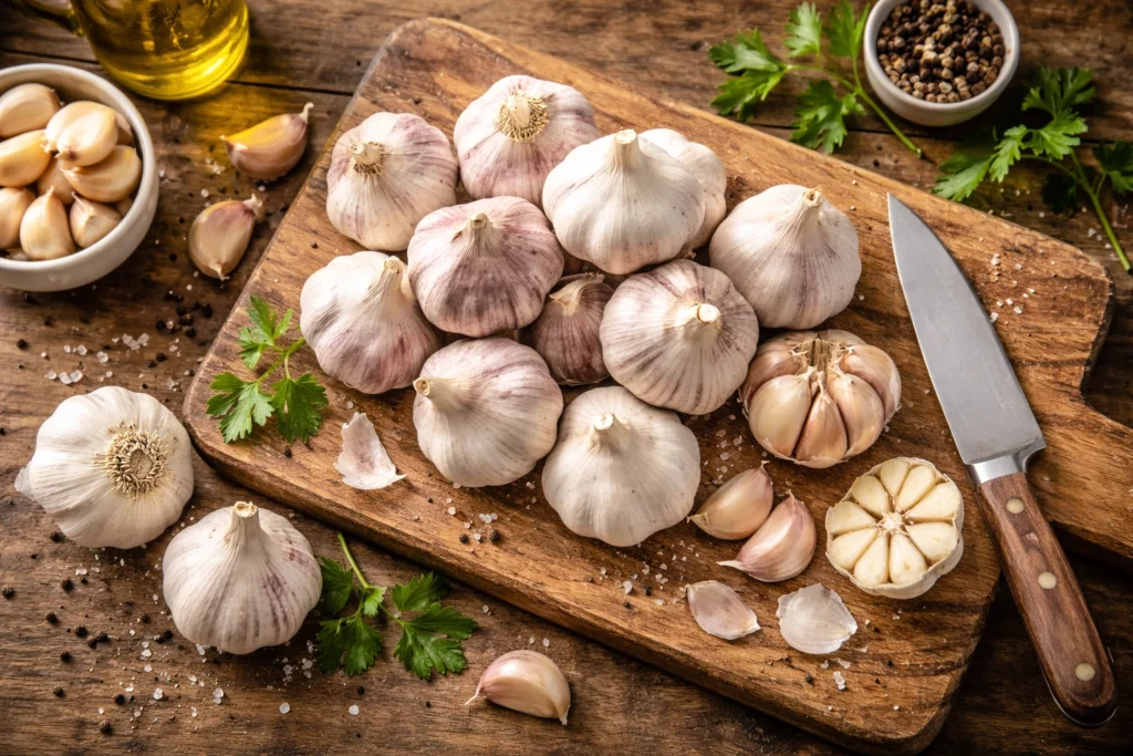 Garlic on a chopping board.