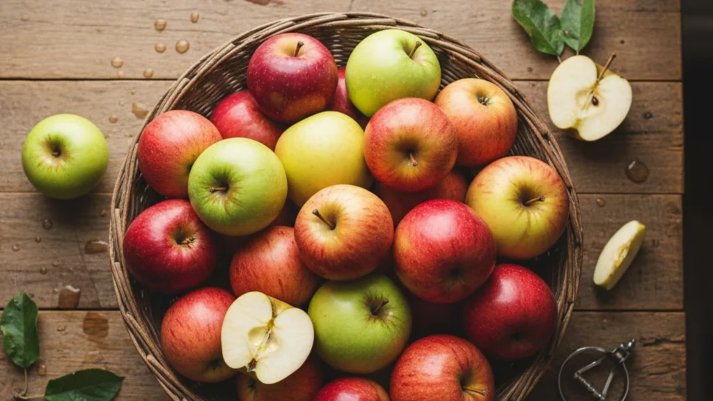 different variety of apples on a kitchen table buy from farmers direct