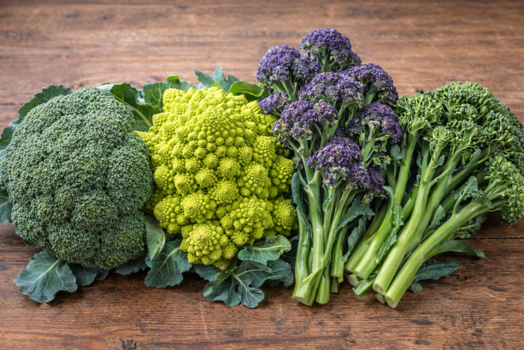 all types of broccoli on a table.