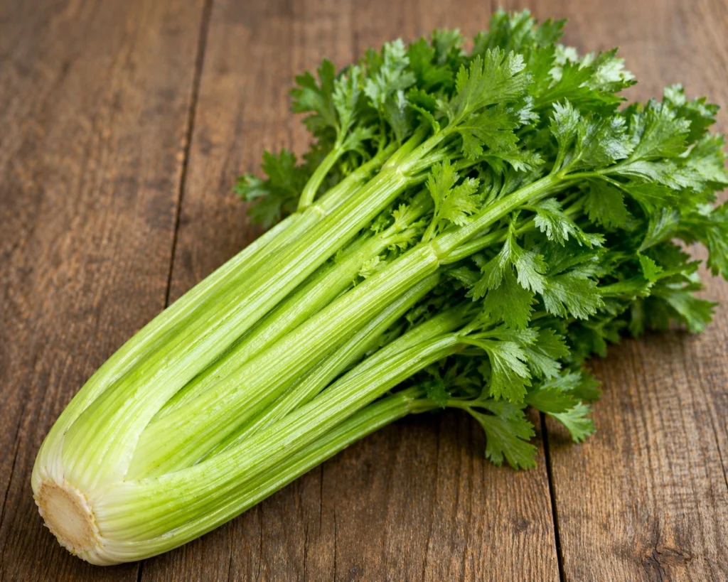a snap of celery on a kitchen table.