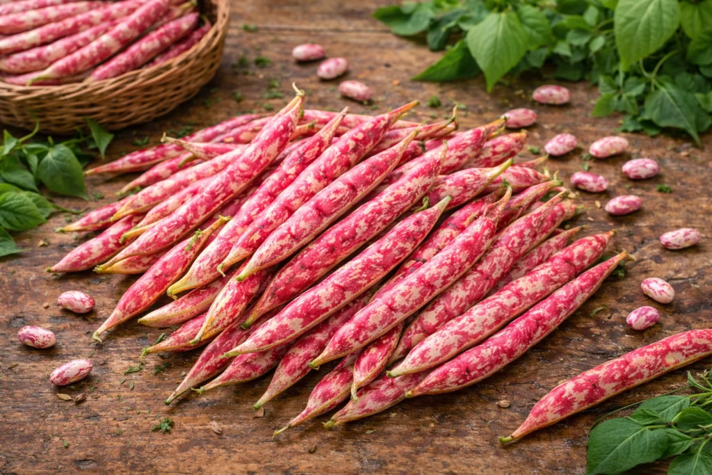 climbing beans on a table.