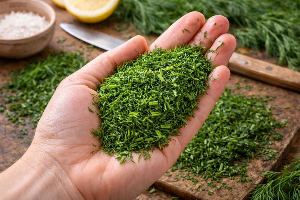 Chopped Dill in a hand.