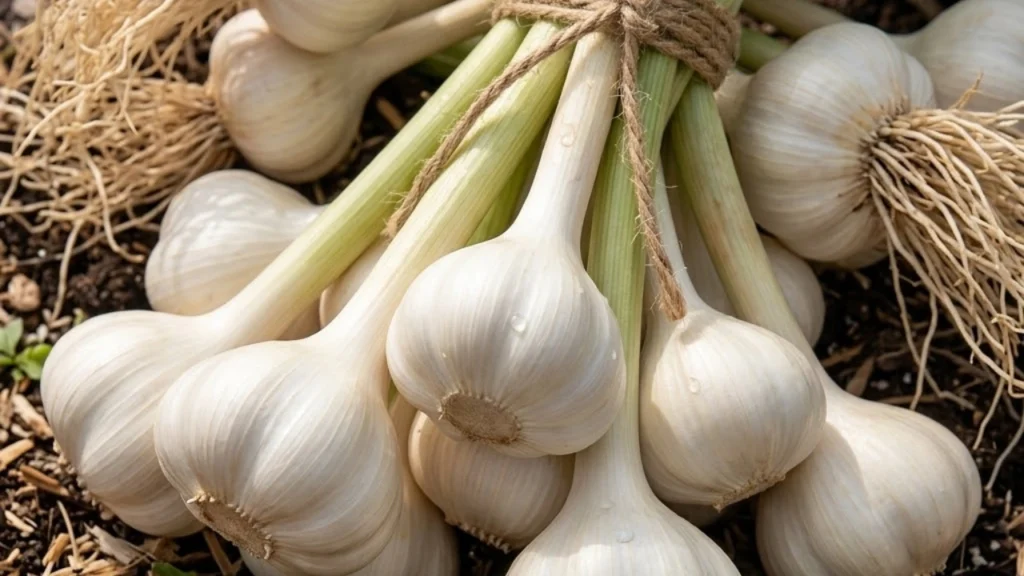 An array of elephant garlic on a field