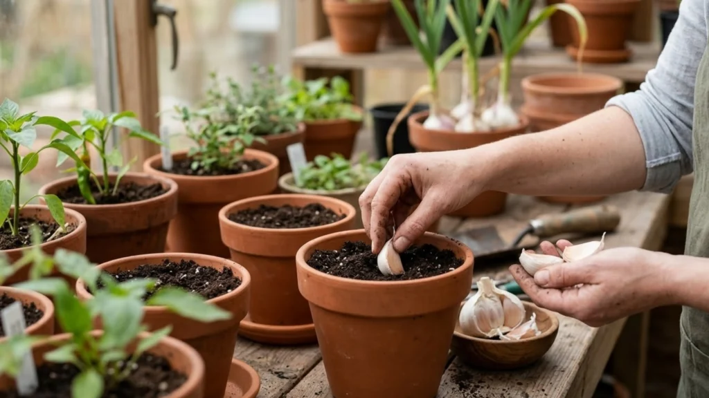 garlic being potted ready for growing buy from farmers direct