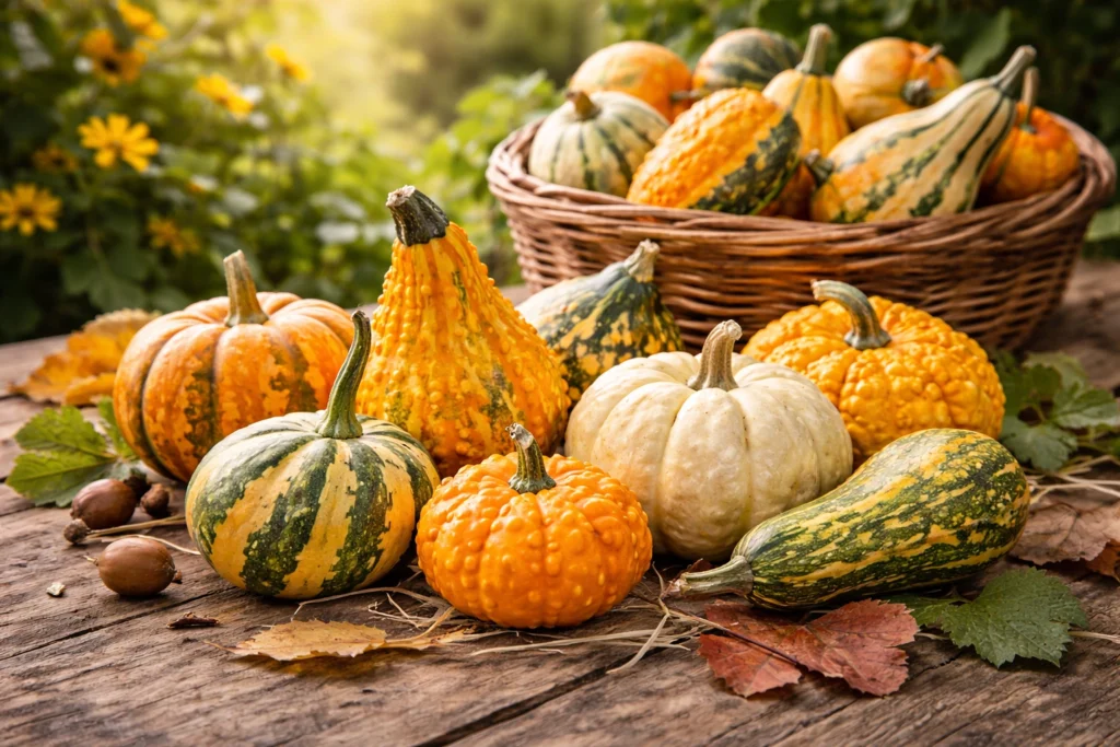 a range of gourds on a table.