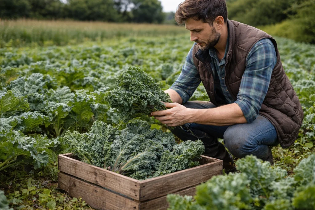 James picking kale in his field.