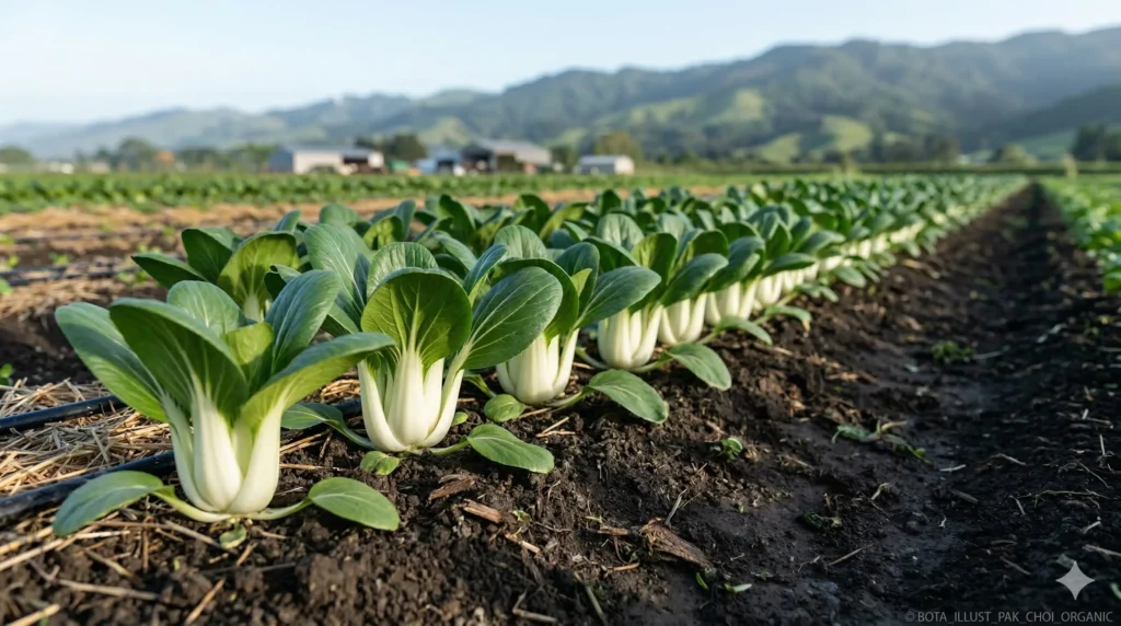 Pak choi growing in a beautiful straight line buy from farmers direct.