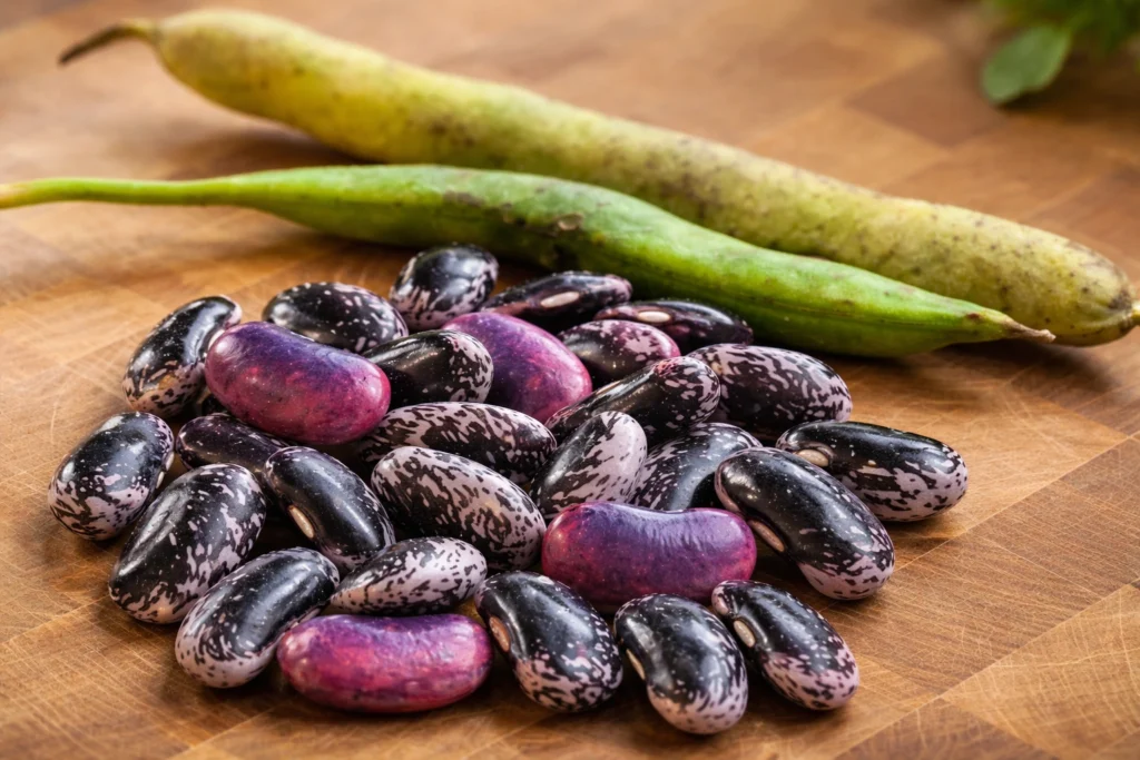 runner bean seeds and pods on a table.