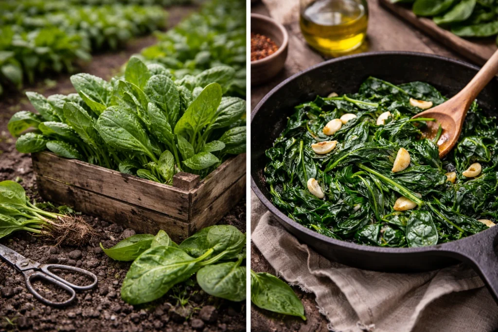 Spinach being picked and cooked.