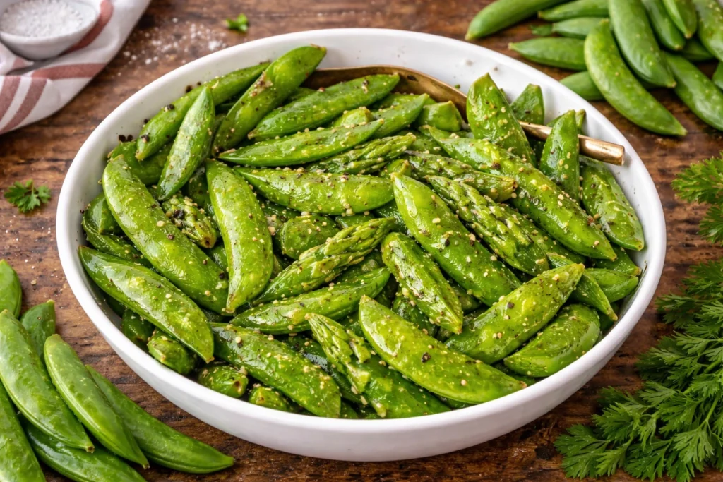 sugar snap peas in a bowl with cooked asparagus
