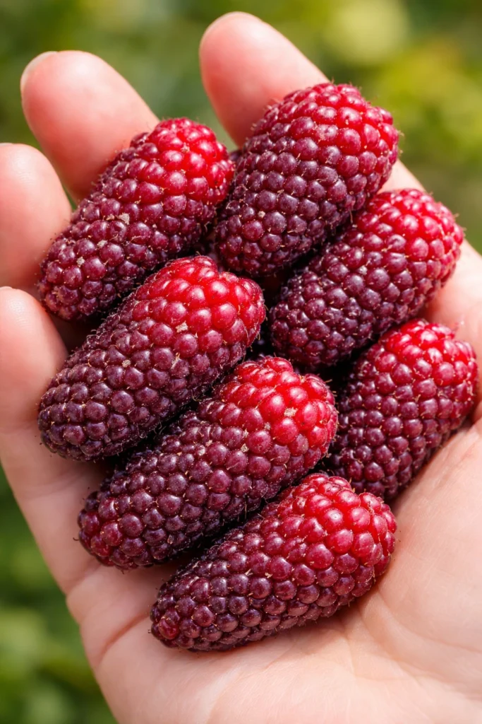tayberries picked and held in a hand.