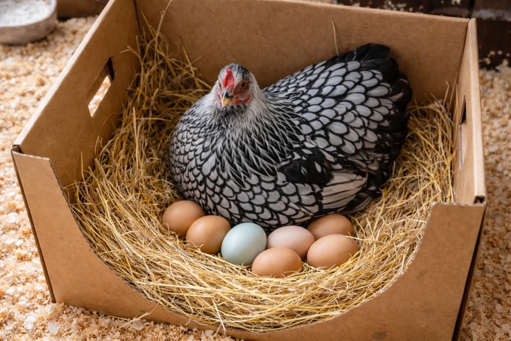 a laying hen protecting their eggs.