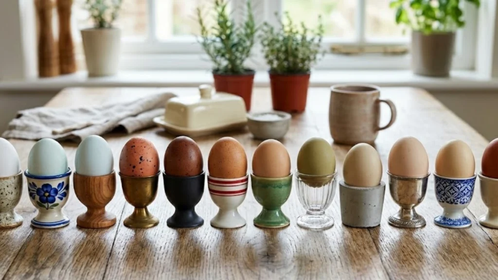 free range eggs sat in egg cups in a row
