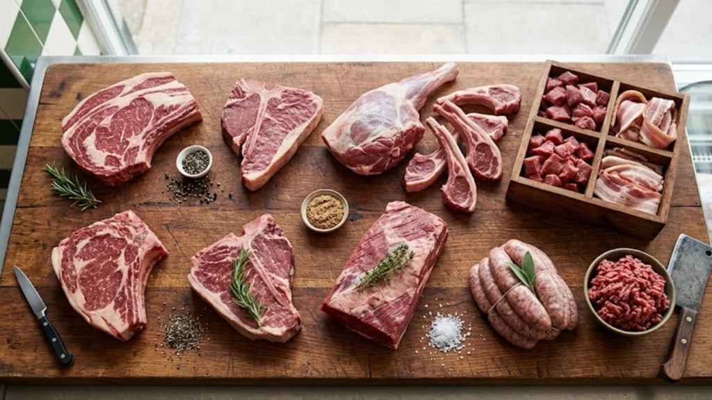 a selection of steaks and meats on a cutting bord buy from farmers direct
