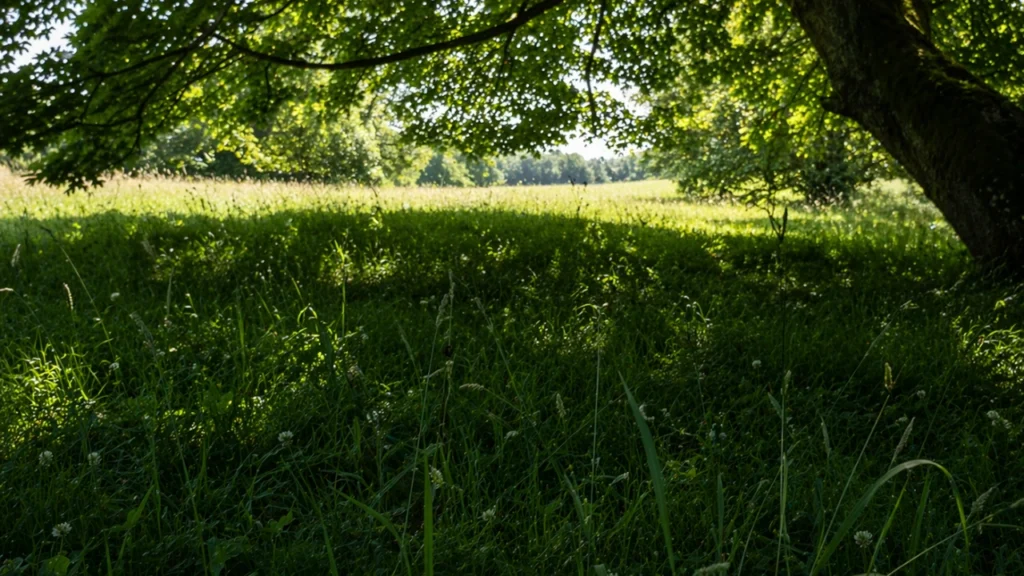 a field under the shade of a tree