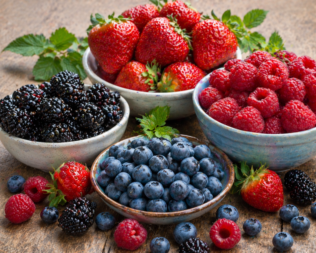 A range of soft fruits laying on a table.