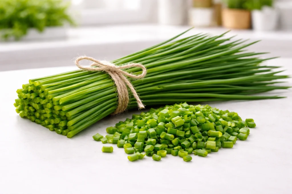 chives cut on a chopping board.