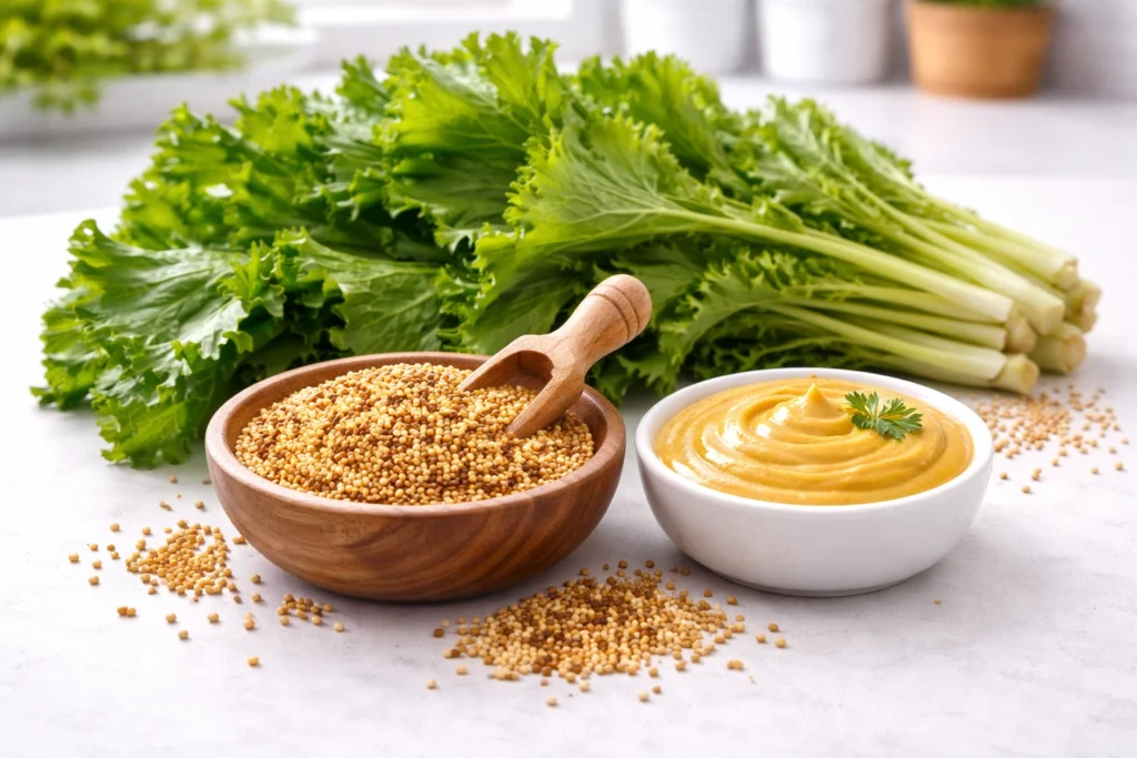 mustard greens, mustard seeds and mustard on a table.