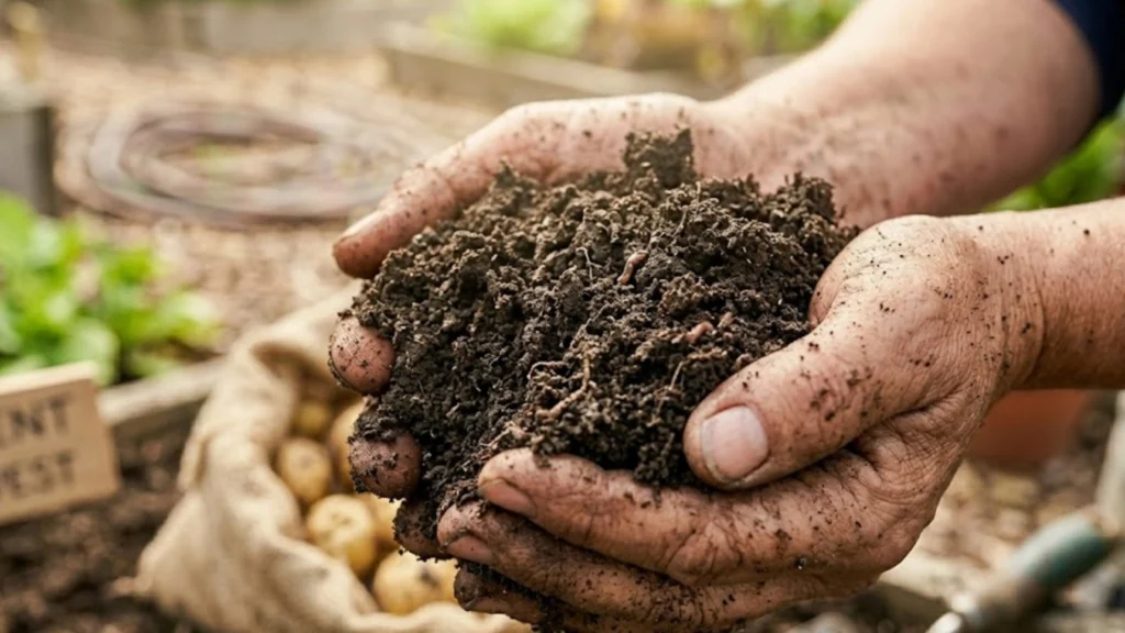A man holding soil by potatoes