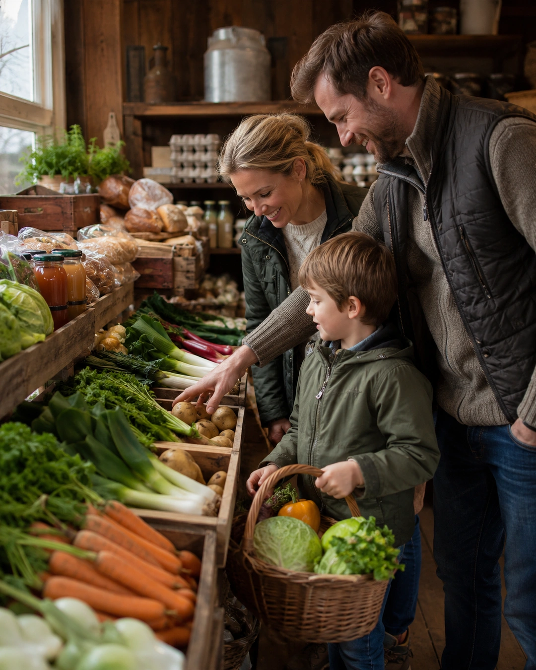 A family shopping for food