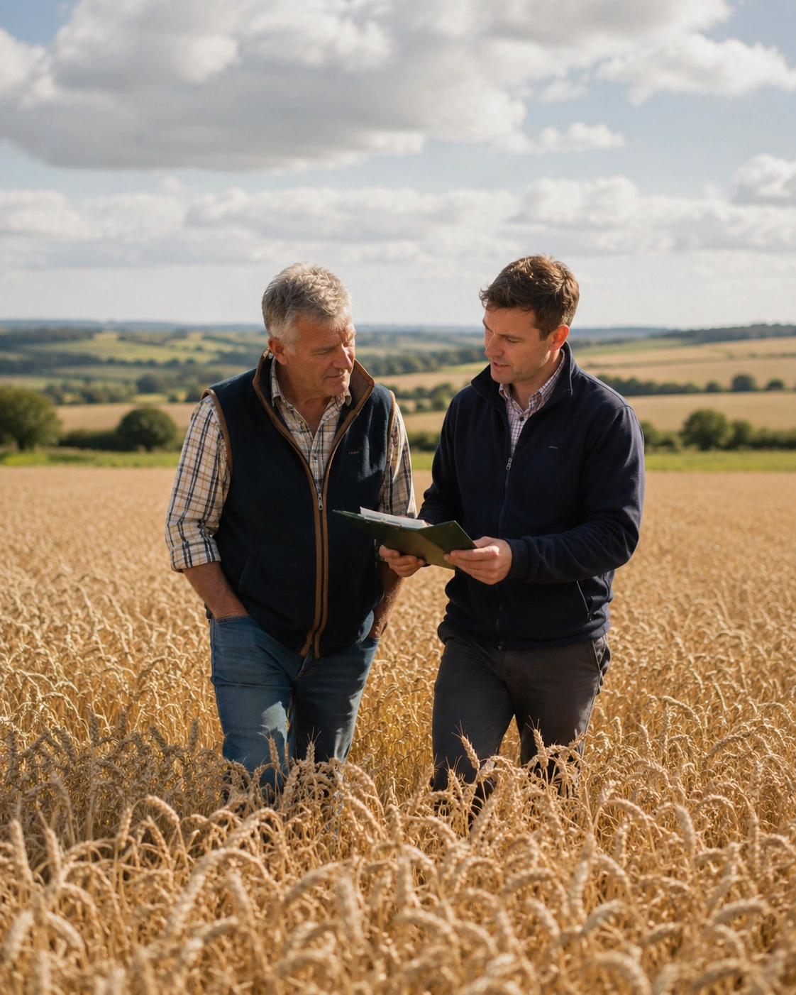 two farmers talking in a wheat field