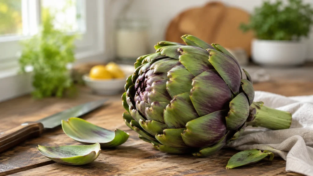 a globe artichoke in a kitchen.