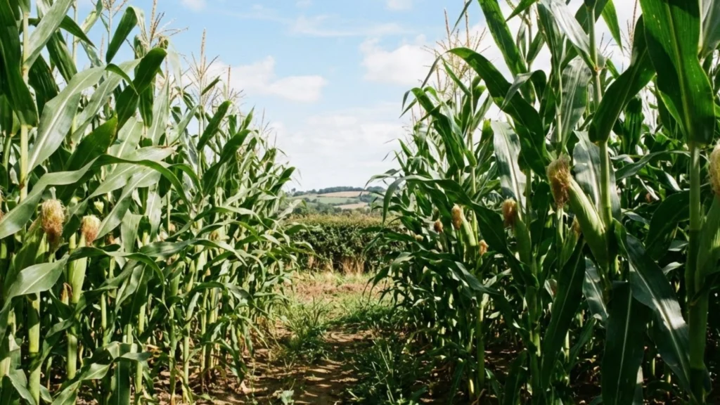 sweetcorn growing in a field.
