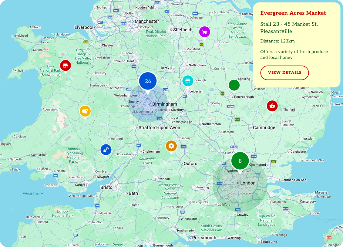 Supplier map with coloured location markers across Britain