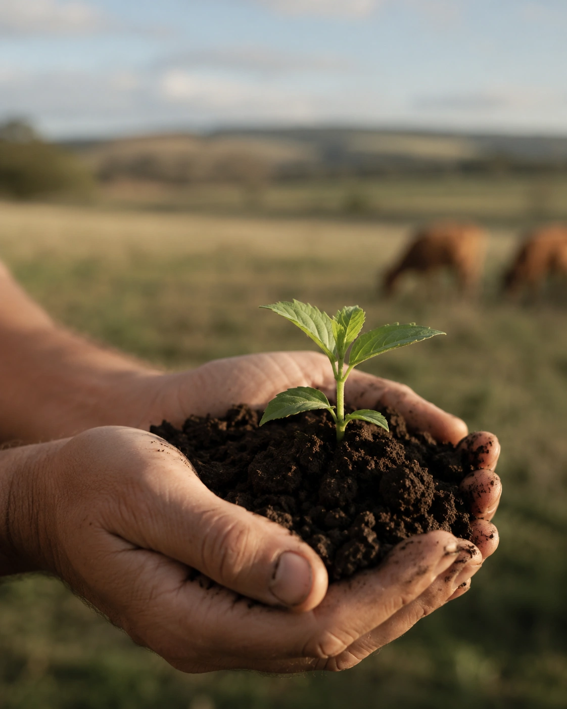 A person holding a growing seed in soil
