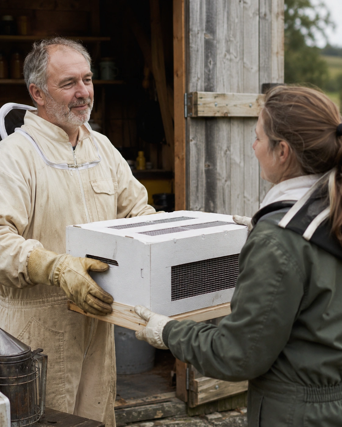 A man handing over honey bees to a customer