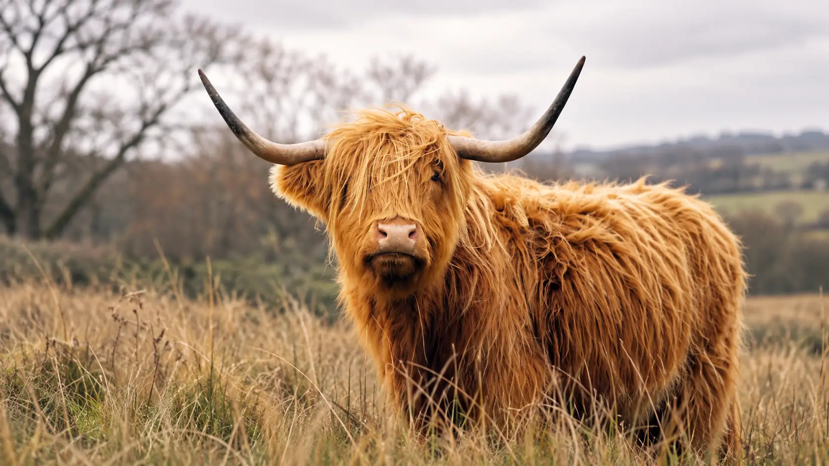Long-haired Highland cow standing in a grassy field