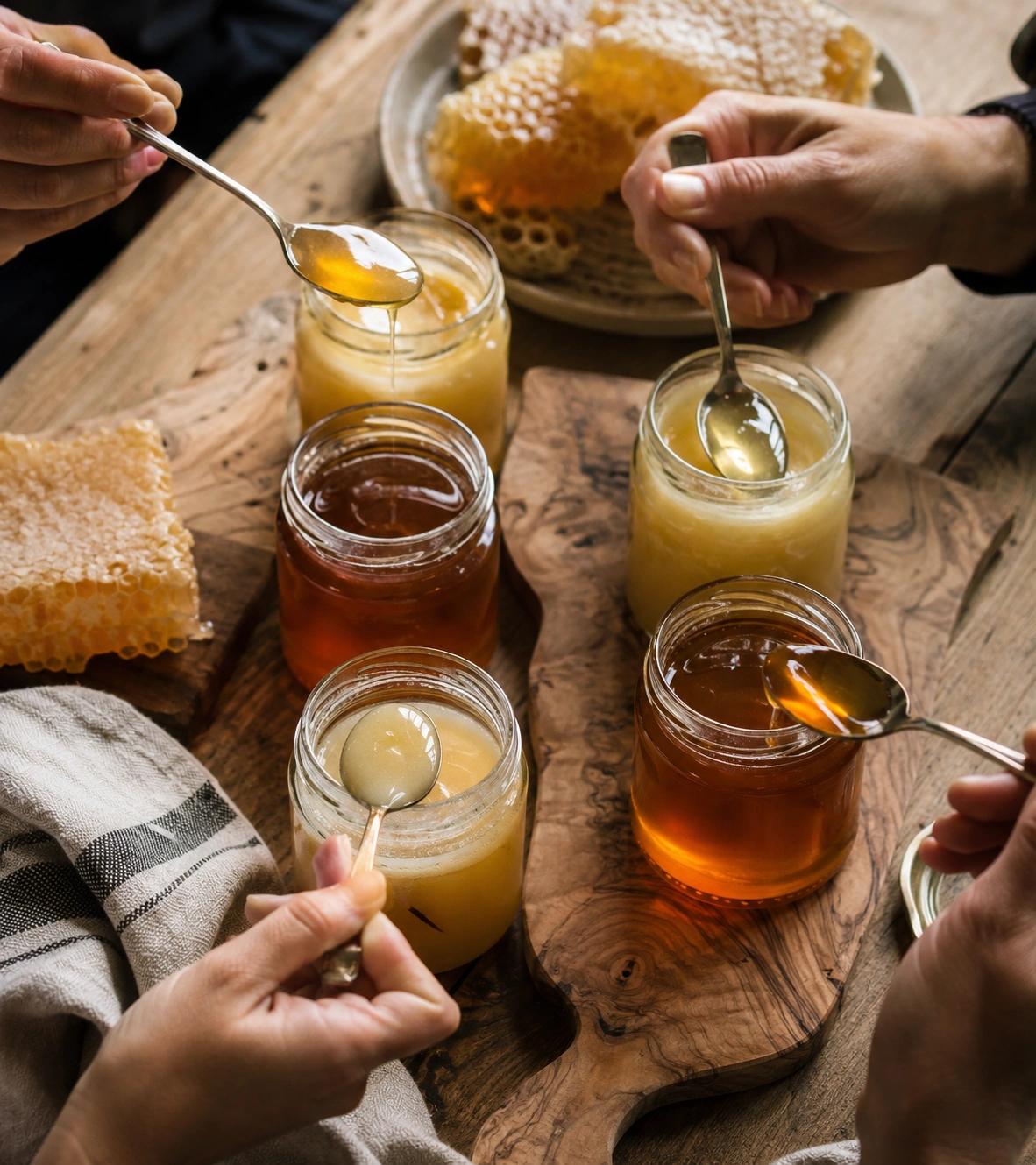 spoons in jars of local honey tasting sessions