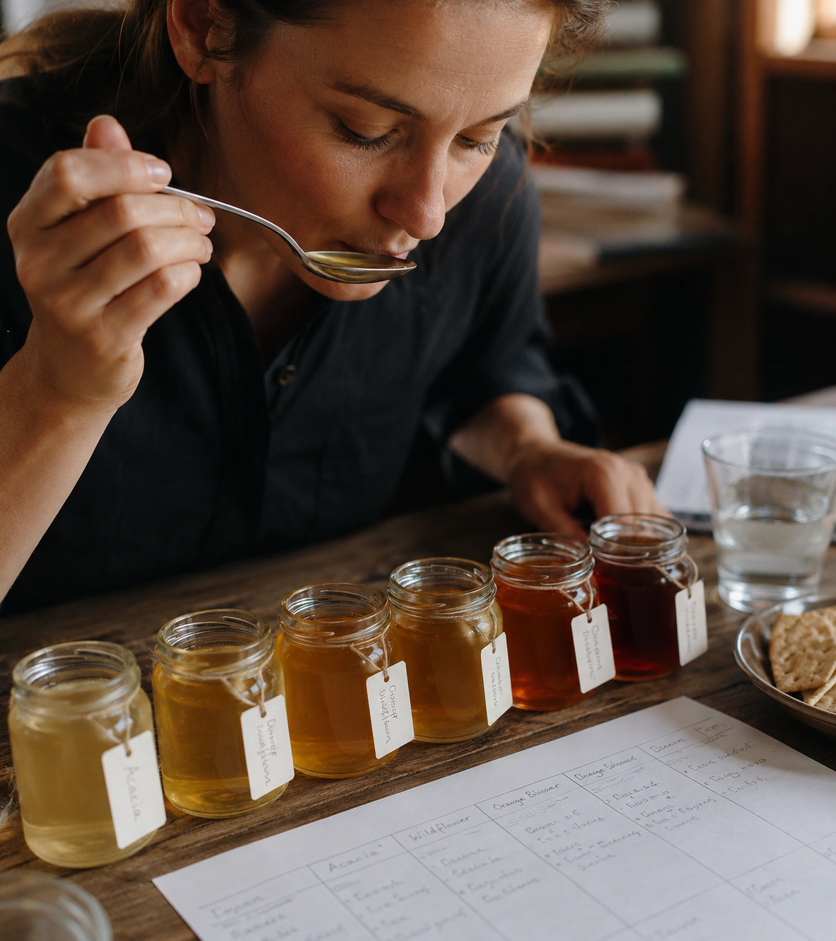 A woman tasting different types of honey