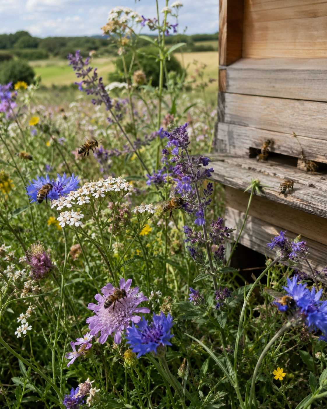 A bee landing on wildflowers