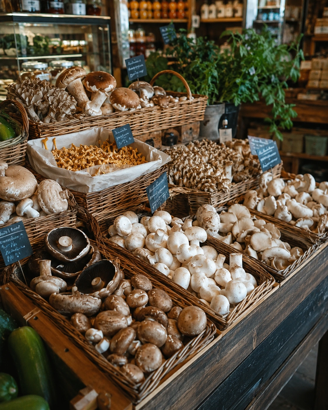 Baskets of assorted mushrooms displayed at a market stall