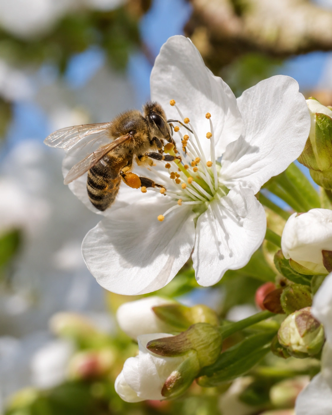 Pollen on a flower being taken by a bee