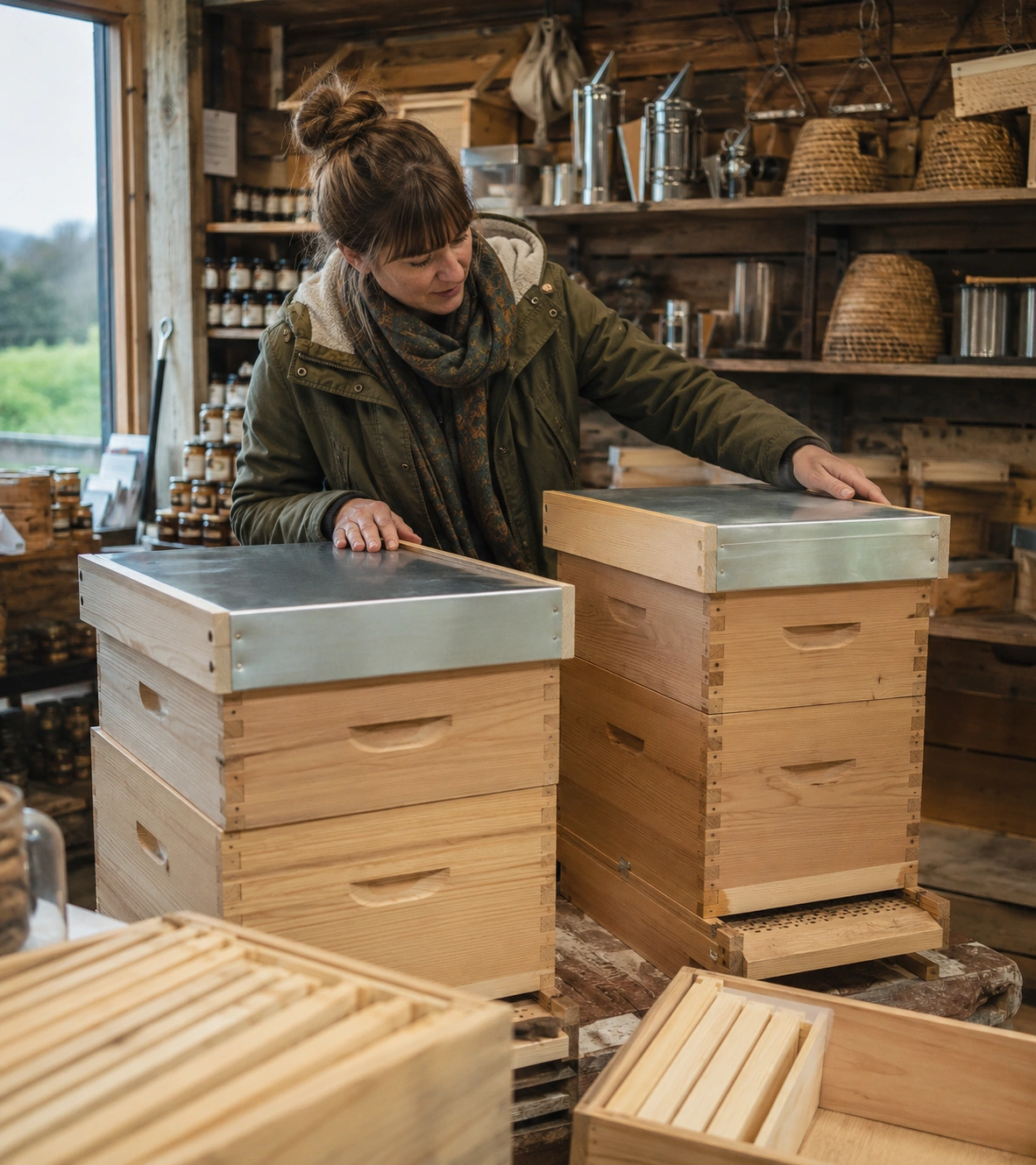 A woman inspecting two classical beehives