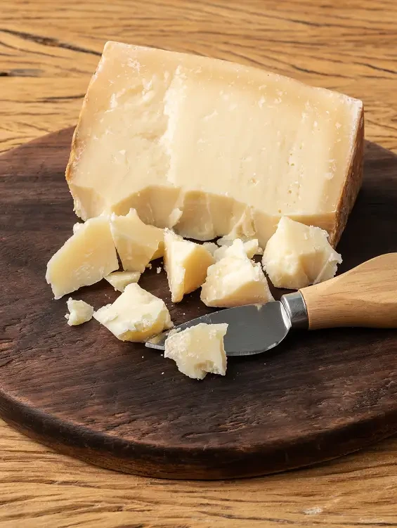 A piece of hard cheese and crumbled pieces on a wooden board