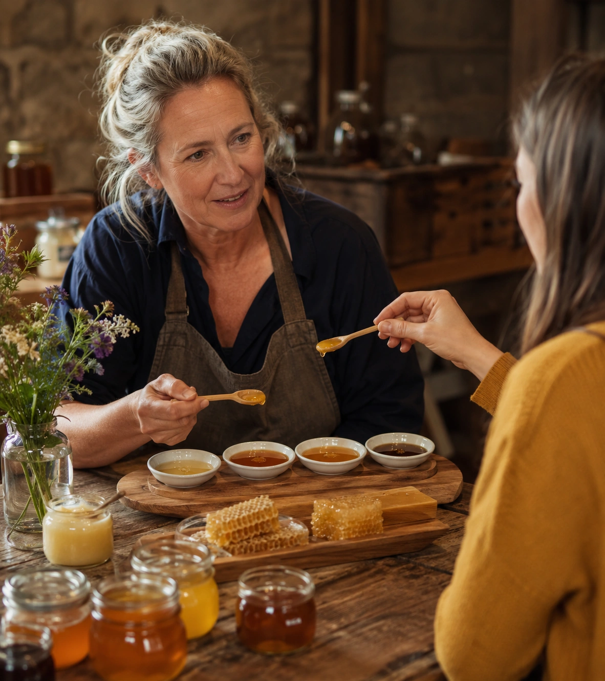 A woman hosting a honey tasting session