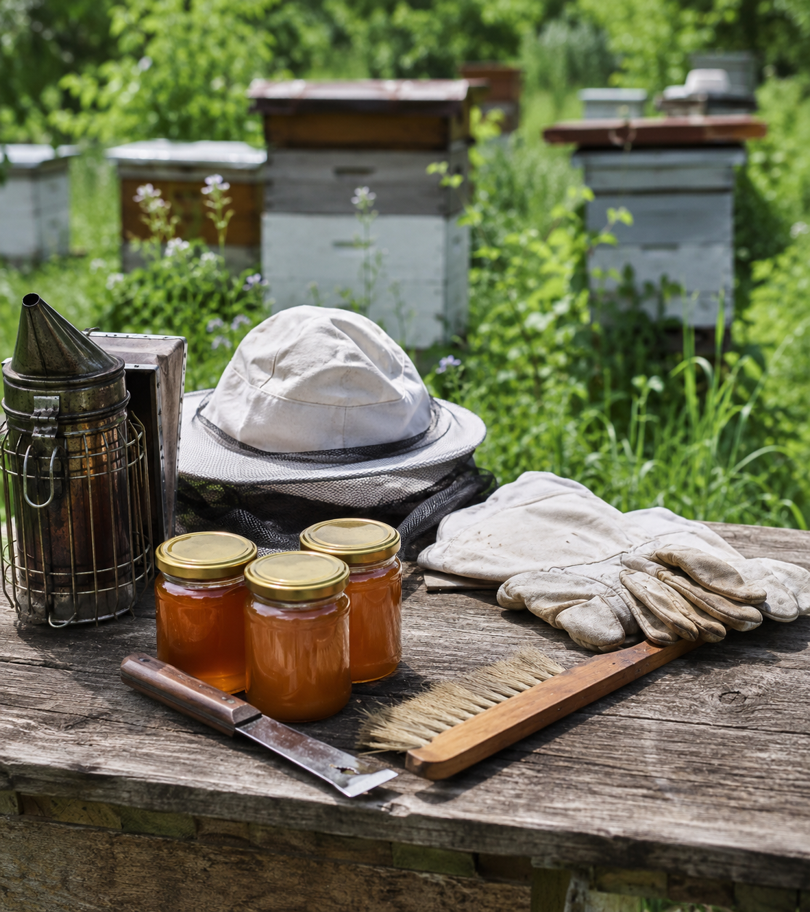 A range of bee equipment on a table