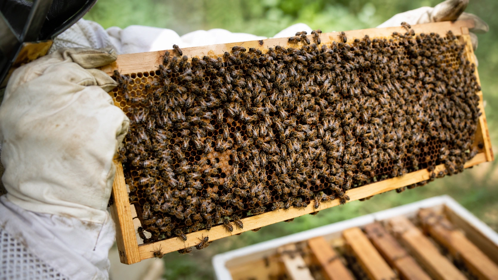 An image of a beekeeper holding up bees