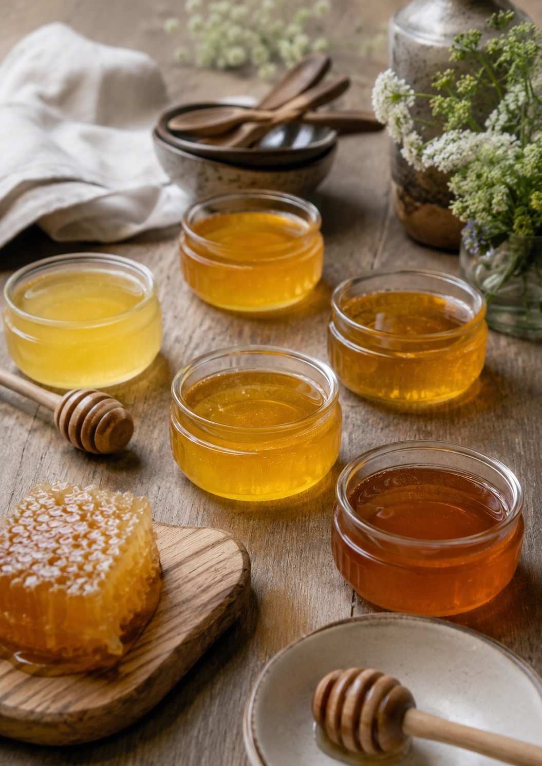 Lots of honey in jars displaying colour difference