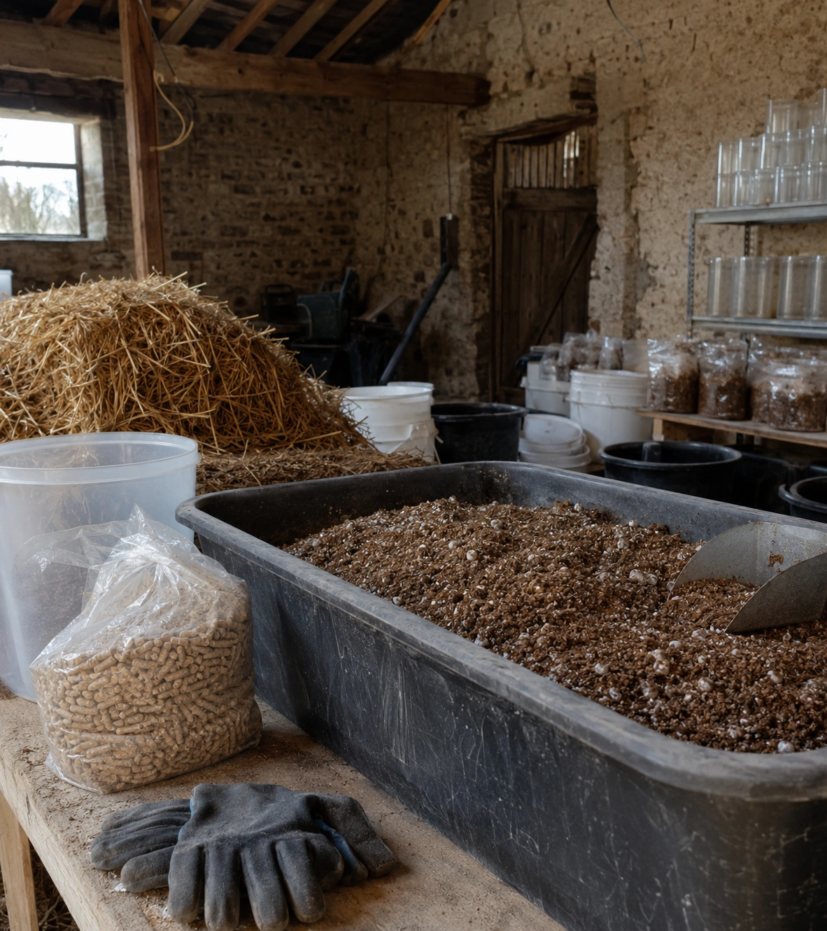 Trays of growing material and bags of substrate in a mushroom-growing room