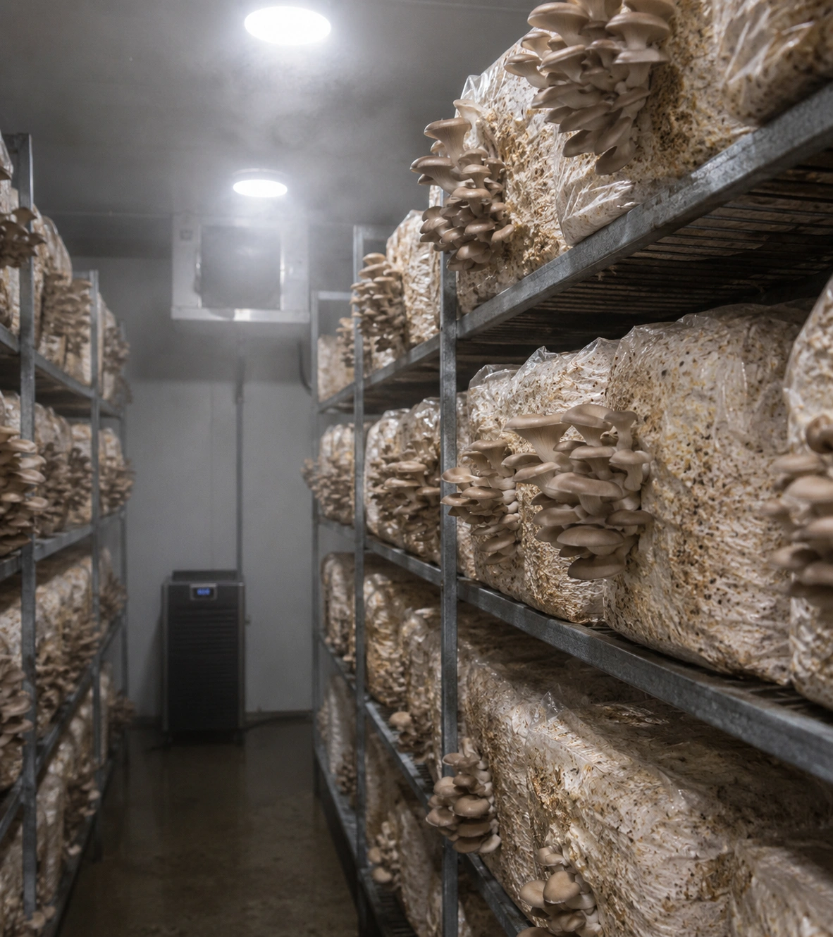 Rows of mushroom growing bags on shelves in an indoor growing room