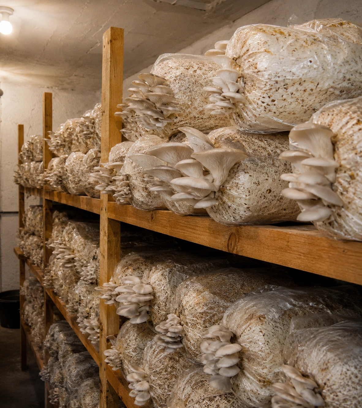 Mushroom bags on a farm